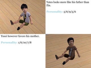 Yates looks more like his father than
                                   Zia.

                                   Personality: 5/6/9/5/6




Yossi however favors his mother.

Personality: 1/6/10/7/8
 