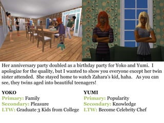 Her anniversary party doubled as a birthday party for Yoko and Yumi. I
apologize for the quality, but I wanted to show you everyone except her twin
sister attended. She stayed home to watch Zahara’s kid, haha. As you can
see, they twins aged into beautiful teenagers!

YOKO                                  YUMI
Primary: Family                       Primary: Popularity
Secondary: Pleasure                   Secondary: Knowledge
LTW: Graduate 3 Kids from College     LTW: Become Celebrity Chef
 