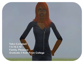 Yoko Campbell
7.5.10.3.10
Family, Pleasure
Graduate 3 Kids From College
 