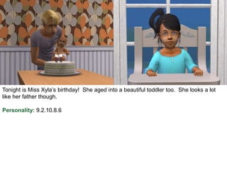 Tonight is Miss Xyla’s birthday! She aged into a beautiful toddler too. She looks a lot
like her father though.
Personality: 9.2.10.8.6
 