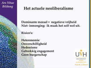 Ars Vitae
Bildung
Bildung

Het actuele neoliberalisme
Dominante moraal = negatieve vrijheid
Niet- inmenging: ik maak het z...