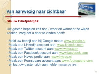 Bouw een relatie op met bezoekers en online bezoekers! - Zorg voor een duidelijke  email handtekening onder uw  eigen e-mails met bijvoorbeeld een aanbieding- Gebruik een professionele e-mail nieuwsbrieven tool   inclusief aanmelding op de website en afmelding via de   nieuwsbrief- Maak gebruik van actuele en goede foto´s van uw bedrijf en  de mensen in uw bedrijf 37Van aanwezig naar zichtbaar