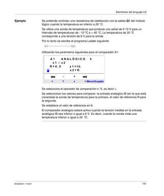 Elementos del lenguaje LD
SR2MAN01 11/2007 141
Ejemplo Se pretende controlar una resistencia de calefacción con la salida Q1 del módulo
lógico cuando la temperatura es inferior a 20 °C.
Se utiliza una sonda de temperatura que produce una señal de 0 10 V para un
intervalo de temperaturas de - 10 ºC a + 40 °C. La temperatura de 20 °C
corresponde a una tensión de 6 V para la sonda.
Por lo tanto se escribe el programa Ladder siguiente:
Utilizando los parámetros siguientes para el comparador A1:
Se selecciona el operador de comparación n.°5, es decir ≤.
Se seleccionan los valores para comparar: la entrada analógica IB (en la que está
conectada la sonda de temperatura) para la primera, el valor de referencia R para
la segunda.
Se establece el valor de referencia en 6.
El comparador analógico estará activo cuando la tensión medida en la entrada
analógica IB sea inferior o igual a 6 V. Es decir, cuando la sonda mida una
temperatura inferior o igual a 20 ºC.
A1-------------[Q1
Menú/Aceptar
- +
A 1 A N A L Ó G I C O 5
x 1 ≤ x 2
R = 6 . 0 x 1 = I b
x 2 = R
 