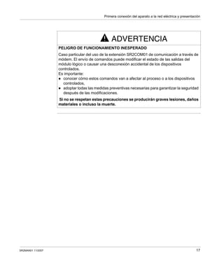 Primera conexión del aparato a la red eléctrica y presentación
SR2MAN01 11/2007 17
ADVERTENCIA
PELIGRO DE FUNCIONAMIENTO INESPERADO
Caso particular del uso de la extensión SR2COM01 de comunicación a través de
módem. El envío de comandos puede modificar el estado de las salidas del
módulo lógico o causar una desconexión accidental de los dispositivos
controlados.
Es importante:
conocer cómo estos comandos van a afectar al proceso o a los dispositivos
controlados,
adoptar todas las medidas preventivas necesarias para garantizar la seguridad
después de las modificaciones.
Si no se respetan estas precauciones se producirán graves lesiones, daños
materiales o incluso la muerte.
 