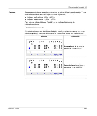 Elementos del lenguaje LD
SR2MAN01 11/2007 145
Ejemplo Se desea controlar un aparato conectado a la salida Q2 del módulo lógico. Y que
esté activo durante las dos franjas horarias siguientes:
de lunes a sábado de 9:00 a 13:00 h,
de lunes a viernes de 15:00 a 19:00 h.
Para ello, se utiliza el bloque Reloj H1, y se realiza el esquema de
cableado siguiente:
Durante la introducción del bloque Reloj H1, configurar las bandas de funciona-
miento A y B tal y como se describe en el cuadro que aparece a continuación:
Pantalla Comentario
Primera franja A: de lunes a
sábado de 9:00 a 13:00 h.
Segunda franja B: de lunes a
viernes de 15:00 a 19:00 h.
H1-------------[Q2
Menu / OK
- +
H 1 J / S 0 1 2 3 4 5 _
A
H : M O N 0 9 : 0 0
H : M O F F 1 3 : 0 0
Menu / OK
- +
H 1 J / S 0 1 2 3 4 _ _
B
H : M O N 1 5 : 0 0
H : M O F F 1 9 : 0 0
 