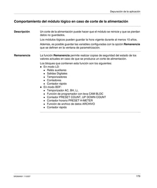 Depuración de la aplicación
SR2MAN01 11/2007 179
Comportamiento del módulo lógico en caso de corte de la alimentación
Descripción Un corte de la alimentación puede hacer que el módulo se reinicie y que se pierdan
datos no guardados.
Los módulos lógicos pueden guardar la hora vigente durante al menos 10 años.
Además, es posible guardar las variables configuradas con la opción Remanencia
que se definen en la ventana de parametrización.
Remanencia La función Remanencia permite realizar copias de seguridad del estado de los
valores actuales en caso de que se produzca un corte de alimentación.
Los bloques que contienen esta función son los siguientes:
En modo LD:
Relés auxiliares
Salidas Digitales
Temporizadores
Contadores
Contador rápido
En modo BDF:
Temporizador AC, BH, Li,
Función de programador con leva CAM BLOC
Contador PRESET COUNT, UP DOWN COUNT
Contador horario PRESET H-METER
Función de archivo de datos ARCHIVO
Contador rápido
 
