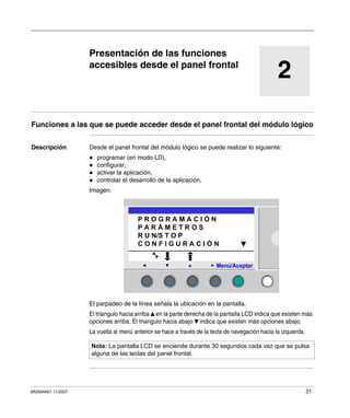 SR2MAN01 11/2007 31
2
Presentación de las funciones
accesibles desde el panel frontal
Funciones a las que se puede acceder desde el panel frontal del módulo lógico
Descripción Desde el panel frontal del módulo lógico se puede realizar lo siguiente:
programar (en modo LD),
configurar,
activar la aplicación,
controlar el desarrollo de la aplicación.
Imagen:
El parpadeo de la línea señala la ubicación en la pantalla.
El triangulo hacia arriba en la parte derecha de la pantalla LCD indica que existen más
opciones arriba. El triangulo hacia abajo indica que existen más opciones abajo.
La vuelta al menú anterior se hace a través de la tecla de navegación hacia la izquierda.
Nota: La pantalla LCD se enciende durante 30 segundos cada vez que se pulsa
alguna de las teclas del panel frontal.
2
Menú/Aceptar
P R O G R A M A C I Ó N
P A R Á M E T R O S
R U N/S T O P
C O N F I G U R A C I Ó N
 