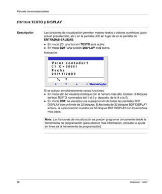 Pantalla de entradas/salidas
36 SR2MAN01 11/2007
Pantalla TEXTO y DISPLAY
Descripción Las funciones de visualización permiten mostrar textos o valores numéricos (valor
actual, preselección, etc.) en la pantalla LCD en lugar de en la pantalla de
ENTRADAS-SALIDAS:
En modo LD: una función TEXTO está activa.
En modo BDF: una función DISPLAY está activa.
Ilustración:
Si se activan simultáneamente varias funciones:
En modo LD: se visualiza el bloque con el número más alto. Existen 16 bloques
del tipo TEXTO numerados del 1 al 9 y, después, de la A a la G.
En modo BDF: se visualiza una superposición de todas las pantallas BDF
DISPLAY con un límite de 32 bloques. Si hay más de 32 bloques BDF DISPLAY
activos, la superposición muestra los 32 bloques BDF DISPLAY con los números
más bajos.
Nota: Las funciones de visualización se pueden programar únicamente desde la
herramienta de programación (para obtener más información, consulte la ayuda
en línea de la herramienta de programación).
2
Menú/Aceptar
2
V a l o r c o n t a d o r 1
C 1 C = 0 0 0 0 1
F e c h a
2 8 / 1 1 / 2 0 0 3
 