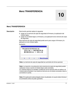 SR2MAN01 11/2007 71
10
Menú TRANSFERENCIA
Menú TRANSFERENCIA
Descripción Esta función permite realizar lo siguiente:
cargar en la memoria de copia de seguridad el firmware y la aplicación del
módulo lógico,
cargar en el módulo lógico un firmware y una aplicación de la memoria de copia
de seguridad.
Esta memoria de copia de seguridad puede servir para cargar el firmware y la
aplicación en otro módulo lógico.
Ilustración:
Nota: La memoria de copia de seguridad se suministra de forma opcional.
Nota: La inserción y la extracción de la memoria de copia de seguridad pueden
realizarse incluso cuando el módulo lógico está conectado.
En módulos lógicos sin pantalla, la detección de la memoria sólo se realiza si el
módulo está conectado; si se inserta la memoria con el módulo conectado, ésta no
se tendrá en cuenta.
Nota: Si la aplicación está protegida (clave visualizada), el usuario debe introducir
la contraseña antes de poder guardarla.
2
Menú/Aceptar
T R A N S F E R E N C I A
M E M O R I A > Z E L I O
Z E L I O > M E M O R I A
 