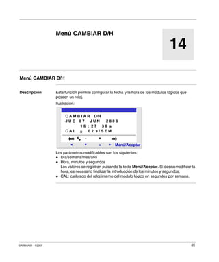 SR2MAN01 11/2007 85
14
Menú CAMBIAR D/H
Menú CAMBIAR D/H
Descripción Esta función permite configurar la fecha y la hora de los módulos lógicos que
poseen un reloj.
Ilustración:
Los parámetros modificables son los siguientes:
Día/semana/mes/año
Hora, minutos y segundos
Los valores se registran pulsando la tecla Menú/Aceptar. Si desea modificar la
hora, es necesario finalizar la introducción de los minutos y segundos.
CAL: calibrado del reloj interno del módulo lógico en segundos por semana.
2
Menú/Aceptar
- +
C A M B I A R D/H
J U E 0 7 J U N 2 0 0 3
1 6 : 2 7 3 0 s
C A L 0 2 s / S E M
 