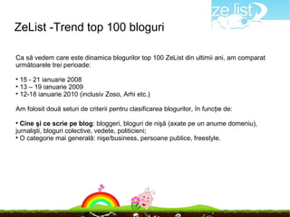 ZeList -Trend top 100 bloguri

Ca să vedem care este dinamica blogurilor top 100 ZeList din ultimii ani, am comparat
următoarele trei perioade:

  15 - 21 ianuarie 2008

  13 – 19 ianuarie 2009

  12-18 ianuarie 2010 (inclusiv Zoso, Arhi etc.)

Am folosit două seturi de criterii pentru clasificarea blogurilor, în funcţie de:

  Cine şi ce scrie pe blog: bloggeri, bloguri de nişă (axate pe un anume domeniu),
jurnalişti, bloguri colective, vedete, politicieni;

  O categorie mai generală: nişe/business, persoane publice, freestyle.
 