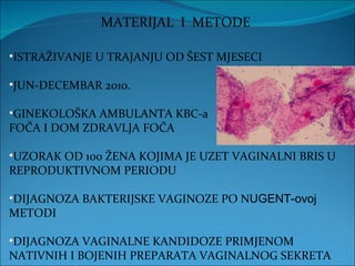 MATERIJAL  I  METODE ISTRAŽIVANJE U TRAJANJU OD ŠEST MJESECI  JUN-DECEMBAR 2010. GINEKOLOŠKA AMBULANTA KBC-a  FOČA I DOM ZDRAVLJA FOČA UZORAK OD 100 ŽENA KOJIMA JE UZET VAGINALNI BRIS U REPRODUKTIVNOM PERIODU DIJAGNOZA BAKTERIJSKE VAGINOZE PO N UGENT-ovoj  METODI DIJAGNOZA VAGINALNE KANDIDOZE PRIMJENOM NATIVNIH I BOJENIH PREPARATA VAGINALNOG SEKRETA 