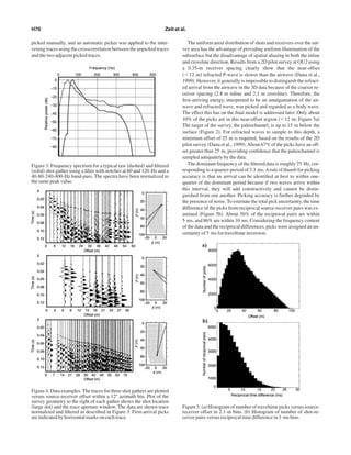 picked manually, and an automatic picker was applied to the inter-
vening traces using the crosscorrelation between the unpicked traces
and the two adjacent picked traces.
The uniform areal distribution of shots and receivers over the sur-
vey area has the advantage of providing uniform illumination of the
subsurface but the disadvantage of spatial aliasing in both the inline
and crossline direction. Results from a 2D pilot survey at OU2 using
a 0.35-m receiver spacing clearly show that the near-offset
͑Ͻ12 m͒ refracted P-wave is slower than the airwave ͑Dana et al.,
1999͒. However, it generally is impossible to distinguish the refract-
ed arrival from the airwave in the 3D data because of the coarser re-
ceiver spacing ͑2.8 m inline and 2.1 m crossline͒. Therefore, the
ﬁrst-arriving energy, interpreted to be an amalgamation of the air-
wave and refracted wave, was picked and regarded as a body wave.
The effect this has on the ﬁnal model is addressed later. Only about
10% of the picks are in this near-offset region ͑Ͻ12 m; Figure 5a͒
The target of the survey, the paleochannel, is up to 15 m below the
surface ͑Figure 2͒. For refracted waves to sample to this depth, a
minimum offset of 25 m is required, based on the results of the 2D
pilot survey ͑Dana et al., 1999͒.About 67% of the picks have an off-
set greater than 25 m, providing conﬁdence that the paleochannel is
sampled adequately by the data.
The dominant frequency of the ﬁltered data is roughly 75 Hz, cor-
responding to a quarter-period of 3.3 ms.Arule of thumb for picking
accuracy is that an arrival can be identiﬁed at best to within one-
quarter of the dominant period because if two waves arrive within
this interval, they will add constructively and cannot be distin-
guished from one another. Picking accuracy is further degraded by
the presence of noise. To estimate the total pick uncertainty, the time
difference of the picks from reciprocal source-receiver pairs was ex-
amined ͑Figure 5b͒. About 56% of the reciprocal pairs are within
5 ms, and 86% are within 10 ms. Considering the frequency content
of the data and the reciprocal differences, picks were assigned an un-
certainty of 5 ms for traveltime inversion.
Figure 3. Frequency spectrum for a typical raw ͑dashed͒ and ﬁltered
͑solid͒ shot gather using a ﬁlter with notches at 60 and 120 Hz and a
40-80-240-400-Hz band-pass. The spectra have been normalized to
the same peak value.
Figure 4. Data examples.The traces for three shot gathers are plotted
versus source-receiver offset within a 12° azimuth bin. Plot of the
survey geometry to the right of each gather shows the shot location
͑large dot͒ and the trace aperture window. The data are shown trace
normalized and ﬁltered as described in Figure 3. First-arrival picks
are indicated by horizontal marks on each trace.
Figure 5. ͑a͒ Histogram of number of traveltime picks versus source-
receiver offset in 2.1-m bins. ͑b͒ Histogram of number of shot-re-
ceiver pairs versus reciprocal time difference in 1-ms bins.
H70 Zelt et al.
 