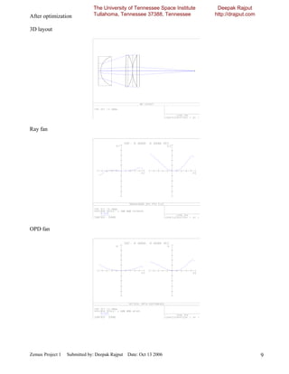 The University of Tennessee Space Institute    Deepak Rajput
After optimization            Tullahoma, Tennessee 37388, Tennessee         http://drajput.com

3D layout




Ray fan




OPD fan




Zemax Project 1   Submitted by: Deepak Rajput Date: Oct 13 2006                                  9
 