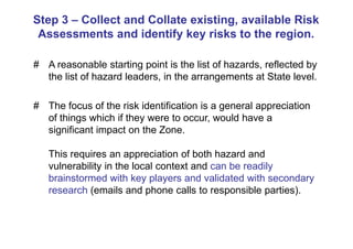 Step 3 – Collect and Collate existing, available Risk
 Assessments and identify key risks to the region.

# A reasonable starting point is the list of hazards, reflected by
  the list of hazard leaders, in the arrangements at State level.

# The focus of the risk identification is a general appreciation
  of things which if they were to occur, would have a
  significant impact on the Zone.

   This requires an appreciation of both hazard and
   vulnerability in the local context and can be readily
   brainstormed with key players and validated with secondary
   research (emails and phone calls to responsible parties).
 