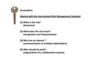 Assumption:

Aligned with the International Risk Management Standard

(1) What is the risk?
    (detection)

(2) What does the risk mean?
    (recognition and interpretation)

(3) Who has an interest ?
    (communication to multiple stakeholders)

(4) Who should do what?
    (organization of a collaborative system)
 