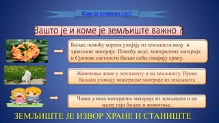 Како је стварано тло?
Животиње живе у земљишту и на земљишту. Преко
биљака узимају минералне материје из земљишта
Биљке помоћу корена упијају из земљишта воду и
хранљиве материје. Помоћу воде, минералних материја
и Сунчеве светлости биљке себи стварају храну.
Човек узима минералне материје из земљишта и на
њему гаји биљке и животиње.
ЗЕМЉИШТЕ ЈЕ ИЗВОР ХРАНЕ И СТАНИШТЕ.
 