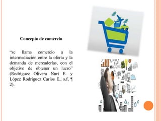 Concepto de comercio
“se llama comercio a la
intermediación entre la oferta y la
demanda de mercaderías, con el
objetivo de obtener un lucro”
(Rodríguez Olivera Nuri E. y
López Rodríguez Carlos E., s.f, ¶
2).
 