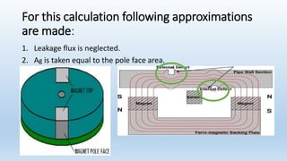 For this calculation following approximations
are made:
1. Leakage flux is neglected.
2. Ag is taken equal to the pole face area.
 