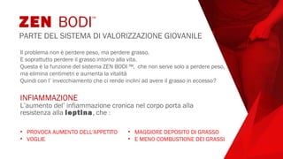 ZEN BODI™
PARTE DEL SISTEMA DI VALORIZZAZIONE GIOVANILE
Il problema non è perdere peso, ma perdere grasso.
E soprattutto perdere il grasso intorno alla vita.
Questa è la funzione del sistema ZEN BODI ™, che non serve solo a perdere peso,
ma elimina centimetri e aumenta la vitalità
Quindi con l’ invecchiamento che ci rende inclini ad avere il grasso in eccesso?
INFIAMMAZIONE
L’aumento del’ infiammazione cronica nel corpo porta alla
resistenza alla leptina, che :
• PROVOCA AUMENTO DELL'APPETITO
• VOGLIE
• MAGGIORE DEPOSITO DI GRASSO
• E MENO COMBUSTIONE DEI GRASSI
 