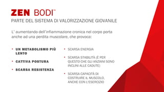 L’ aumentando dell’infiammazione cronica nel corpo porta
anche ad una perdita muscolare, che provoca:
• UN METABOLISMO PIÙ
LENTO
• CATTIVA POSTURA
• SCARSA RESISTENZA
• SCARSA ENERGIA
• SCARSA STABILITÀ (È PER
QUESTO CHE GLI ANZIANI SONO
INCLINI ALLE CADUTE)
• SCARSA CAPACITÀ DI
COSTRUIRE IL MUSCOLO,
ANCHE CON L'ESERCIZIO
ZEN BODI™
PARTE DEL SISTEMA DI VALORIZZAZIONE GIOVANILE
 