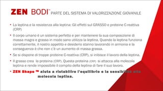 • La leptina e la resistenza alla leptina: Gli effetti sul GRASSO e proteine C-reattiva
(CRP)
• Il corpo umano è un sistema perfetto e per mantenere la sua composizione di
massa magra e grasso in modo sano utilizza la leptina. Quando la leptina funziona
correttamente, il nostro appetito e desiderio stanno lavorando in armonia e la
conseguenza è che non c’è un aumento di massa grassa.
• Se si dispone di troppe proteine C-reattiva (CRP), si inibisce il lavoro della leptina.
• Il grasso crea la proteina (CRP). Questa proteina (CRP) si attacca alla molecola
leptina e rende impossibile il compito della leptina di fare il suo lavoro.
• ZEN Shape ™ aiuta a ristabilire l'equilibrio e la sensibilità alla
molecola leptina.
ZEN BODI™
PARTE DEL SISTEMA DI VALORIZZAZIONE GIOVANILE
 