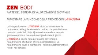 AUMENTARE LA FUNZIONE DELLA TIROIDE CON L-TIROSINA
Un'integrazione con L-TIROSINA aiuta ad aumentare la
produzione della ghiandola della tiroide, che può diminuire
durante i periodi di dieta. Questo ci aiuta a bruciare più
grasso corporeo e avere più energia durante il giorno.
L-TIROSINA è anche nota per essere convertita in
noradrenalina che ha un effetto anoressizzante. La
noradrenalina aiuta a mantenere i nostri neurotrasmettitori
"felici" nel cervello.
ZEN BODI™
PARTE DEL SISTEMA DI VALORIZZAZIONE GIOVANILE
 