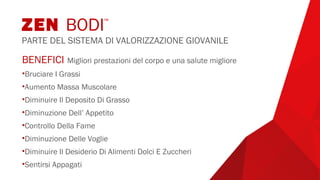 BENEFICI Migliori prestazioni del corpo e una salute migliore
•Bruciare I Grassi
•Aumento Massa Muscolare
•Diminuire Il Deposito Di Grasso
•Diminuzione Dell’ Appetito
•Controllo Della Fame
•Diminuzione Delle Voglie
•Diminuire Il Desiderio Di Alimenti Dolci E Zuccheri
•Sentirsi Appagati
ZEN BODI™
PARTE DEL SISTEMA DI VALORIZZAZIONE GIOVANILE
 