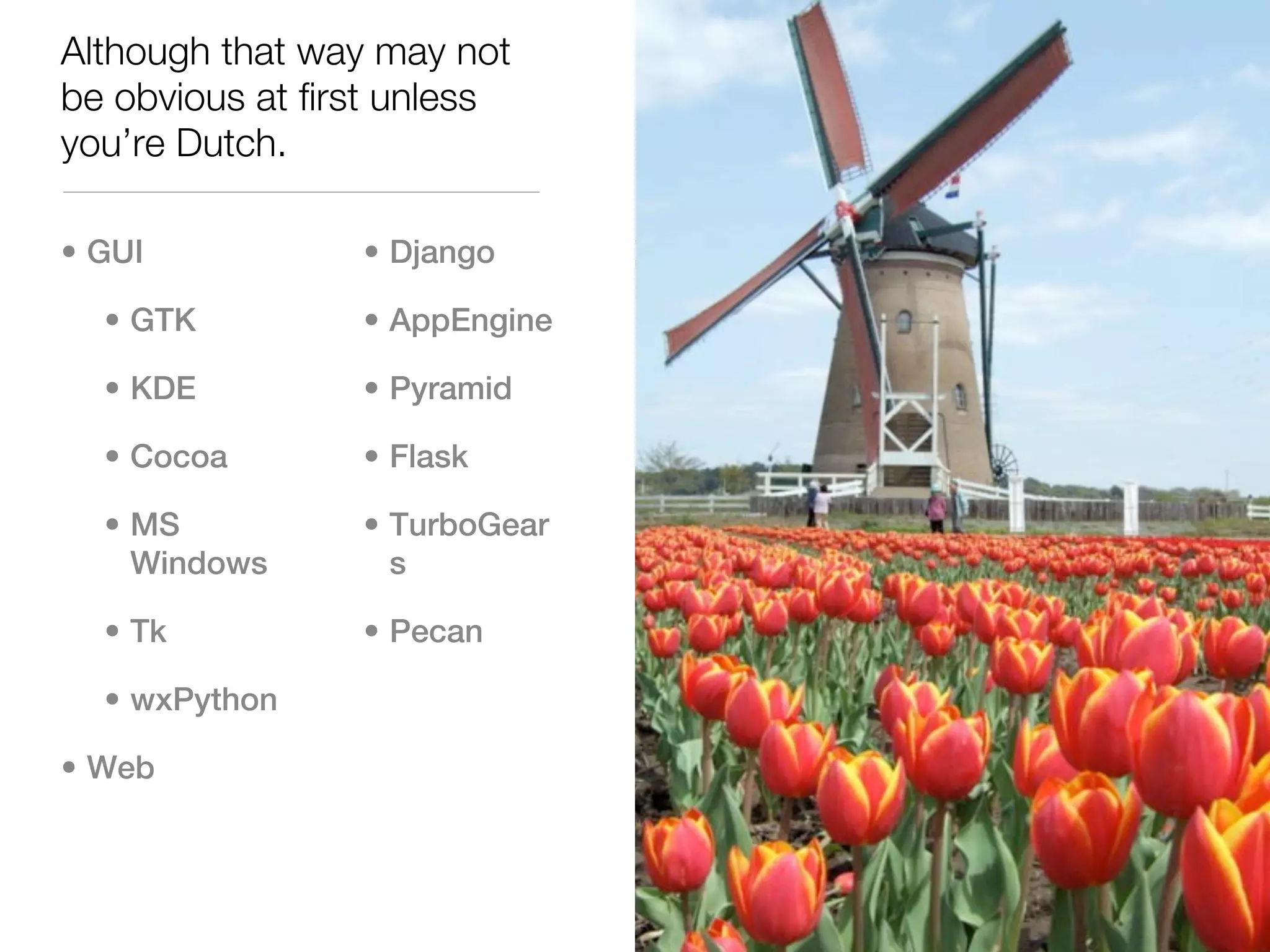 Although that way may not
be obvious at first unless
you’re Dutch.

• GUI            • Django

  • GTK          • AppEngine

  • KDE          • Pyramid

  • Cocoa        • Flask

  • MS           • TurboGear
    Windows        s

  • Tk           • Pecan

  • wxPython

• Web
 