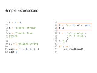 Simple Expressions

 1   i = 5 + 5                13
 2                            14   t = ('a', 1, vals, None)
 3   s = 'literal string'     15   t[1]
 4                            16
 5   m = """multi-line        17   d = { 'a':'a value',
 6   string                   18          'b':'b value',
 7   """                      19         }
 8                            20   d['a']
 9   us = u'üñîçø∂é string'   21
10                            22   if a or b:
11   vals = [ 1, 3, 5, 7, ]   23       do_something()
12   vals[0]                  24
 