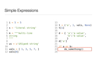 Simple Expressions

 1   i = 5 + 5                13
 2                            14   t = ('a', 1, vals, None)
 3   s = 'literal string'     15   t[1]
 4                            16
 5   m = """multi-line        17   d = { 'a':'a value',
 6   string                   18          'b':'b value',
 7   """                      19         }
 8                            20   d['a']
 9   us = u'üñîçø∂é string'   21
10                            22   if a or b:
11   vals = [ 1, 3, 5, 7, ]   23       do_something()
12   vals[0]                  24
 