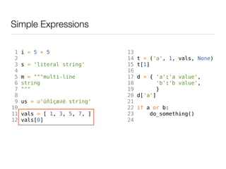 Simple Expressions

 1   i = 5 + 5                13
 2                            14   t = ('a', 1, vals, None)
 3   s = 'literal string'     15   t[1]
 4                            16
 5   m = """multi-line        17   d = { 'a':'a value',
 6   string                   18          'b':'b value',
 7   """                      19         }
 8                            20   d['a']
 9   us = u'üñîçø∂é string'   21
10                            22   if a or b:
11   vals = [ 1, 3, 5, 7, ]   23       do_something()
12   vals[0]                  24
 