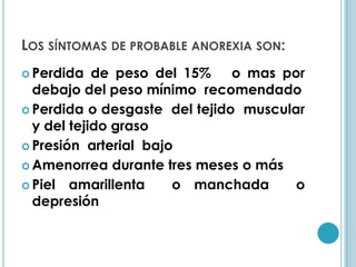 Los síntomas de probable anorexia son:Perdida de peso del 15%   o mas por debajo del peso mínimo  recomendado Perdida o desgaste  del tejido  muscular y del tejido grasoPresión  arterial  bajoAmenorrea durante tres meses o más Piel amarillenta  o manchada  o depresión