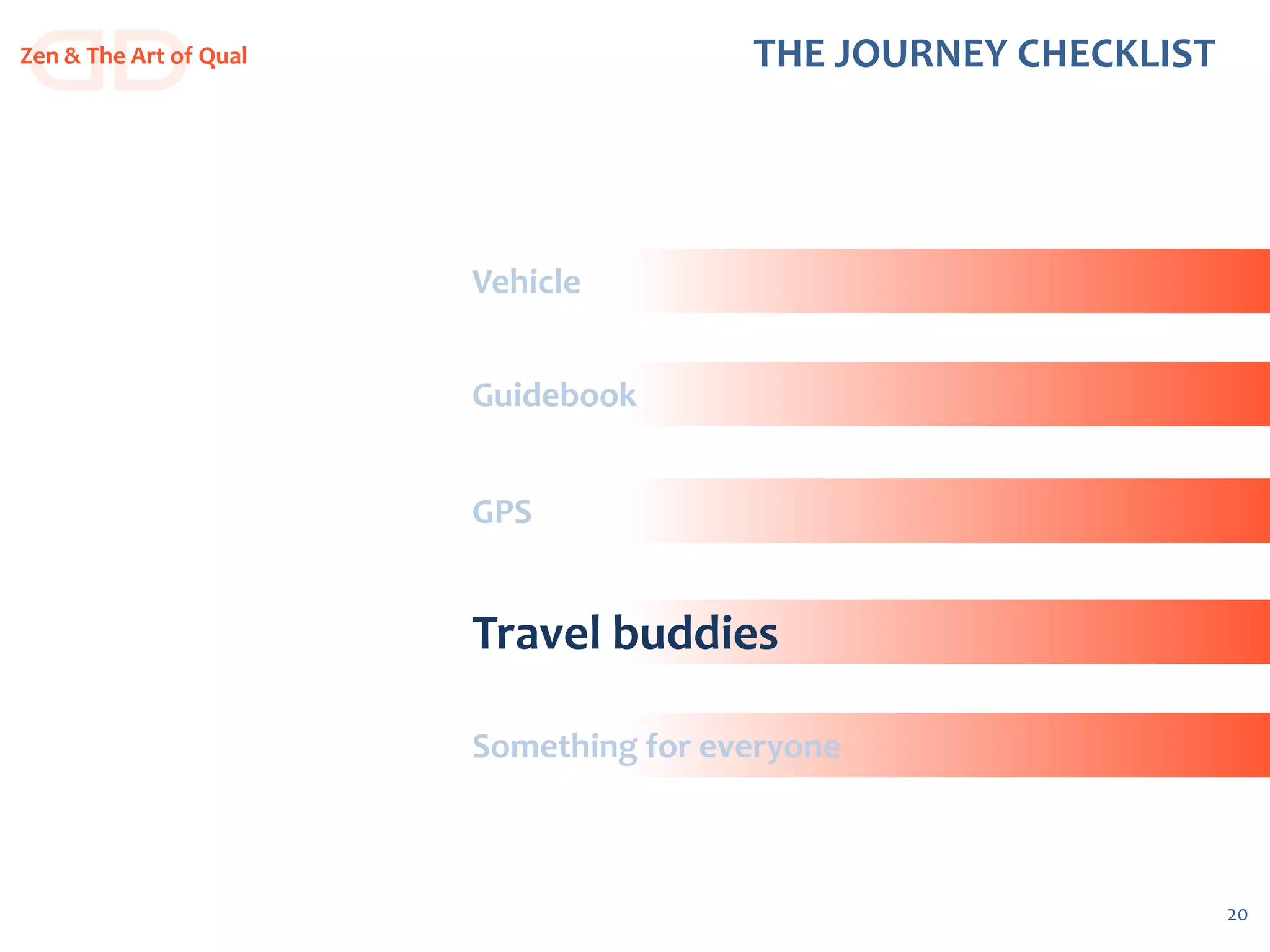 20
THE JOURNEY CHECKLISTZen & The Art of Qual
Vehicle
Guidebook
GPS
Travel buddies
Something for everyone
 