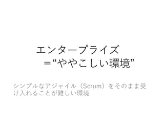 エンタープライズ
＝“ややこしい環境”
シンプルなアジャイル（Scrum）をそのまま受
け⼊入れることが難しい環境
 