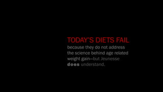 TODAY’S DIETS FAIL
because they do not address
the science behind age related
weight gain—but Jeunesse
does understand.
 