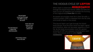•
When leptin is balanced in the body it goes
through the blood-brain-barrier (BBB) and tells the
brain to turn off appetite and increase the burning
of fat (triglycerides) from the fat cells.
•
As people accumulate more fat in their fat cells, c-
reactive protein (CRP) is released from the fat cells
and binds to leptin in the blood.
•
This bound leptin can’t get through the blood-
brain-barrier, thus the brain lacks the leptin signal
and therefore, does not decrease appetite or burn
fat. As the body accumulates more fat, greater
amounts of CRP are released, binding leptin even
more. This vicious cycle is called leptin
resistance.
THE VICIOUS CYCLE OF LEPTIN
RESISTANCE
Bound leptin
cannot get through
the BBB to get to
the brain
Fat Cells Release
C-REACTIVE
PROTEIN (CRP)
Brain does not
know to turn
off appetite
& burn fat
Overeating creates
more Fat Cells
 