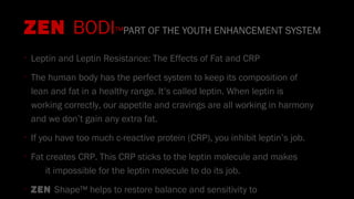 •
Leptin and Leptin Resistance: The Effects of Fat and CRP
•
The human body has the perfect system to keep its composition of
lean and fat in a healthy range. It’s called leptin. When leptin is
working correctly, our appetite and cravings are all working in harmony
and we don’t gain any extra fat.
•
If you have too much c-reactive protein (CRP), you inhibit leptin’s job.
•
Fat creates CRP. This CRP sticks to the leptin molecule and makes
it impossible for the leptin molecule to do its job.
•
ZEN Shape™ helps to restore balance and sensitivity to
ZEN BODI™PART OF THE YOUTH ENHANCEMENT SYSTEM
 