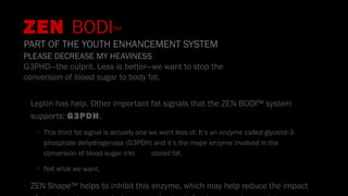 ZEN BODI™
PART OF THE YOUTH ENHANCEMENT SYSTEM
PLEASE DECREASE MY HEAVINESS
G3PHD—the culprit. Less is better—we want to stop the
conversion of blood sugar to body fat.
•
Leptin has help. Other important fat signals that the ZEN BODI™ system
supports: G3PDH.
• This third fat signal is actually one we want less of. It’s an enzyme called glycerol-3-
phosphate dehydrogenase (G3PDH) and it’s the major enzyme involved in the
conversion of blood sugar into stored fat.
• Not what we want.
•
ZEN Shape™ helps to inhibit this enzyme, which may help reduce the impact
 