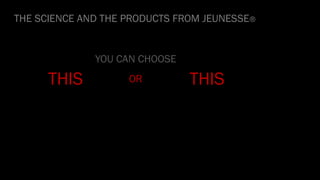 •
YOU CAN CHOOSE
THE SCIENCE AND THE PRODUCTS FROM JEUNESSE®
THISTHIS OR
 