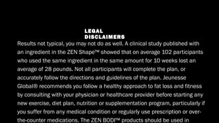 LEGAL
DISCLAIMERS
•
Results not typical, you may not do as well. A clinical study published with
an ingredient in the ZEN Shape™ showed that on average 102 participants
who used the same ingredient in the same amount for 10 weeks lost an
average of 28 pounds. Not all participants will complete the plan, or
accurately follow the directions and guidelines of the plan. Jeunesse
Global® recommends you follow a healthy approach to fat loss and fitness
by consulting with your physician or healthcare provider before starting any
new exercise, diet plan, nutrition or supplementation program, particularly if
you suffer from any medical condition or regularly use prescription or over-
the-counter medications. The ZEN BODI™ products should be used in
 