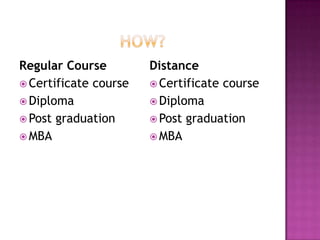 Regular Course         Distance
 Certificate course    Certificate course
 Diploma               Diploma
 Post graduation       Post graduation
 MBA                   MBA
 