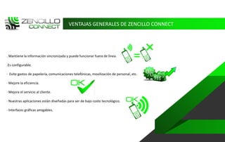 VENTAJAS GENERALES DE ZENCILLO CONNECT




. Mantiene la información sincronizada y puede funcionar fuera de línea.

.Es configurable.

· Evite gastos de papelería, comunicaciones telefónicas, movilización de personal, etc.

· Mejore la eficiencia.

· Mejora el servicio al cliente.

· Nuestras aplicaciones están diseñadas para ser de bajo costo tecnológico.

· Interfaces gráficas amigables.
 