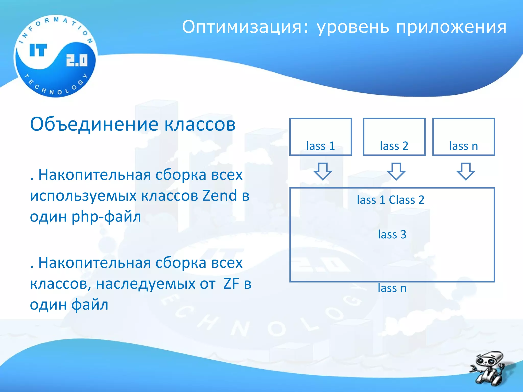 Оптимизация: уровень приложения




Объединение классов
                               lass 1       lass 2       lass n

. Накопительная сборка всех
используемых классов Zend в             lass 1 Class 2
один php-файл
                                            lass 3

. Накопительная сборка всех
классов, наследуемых от ZF в                lass n
один файл
 