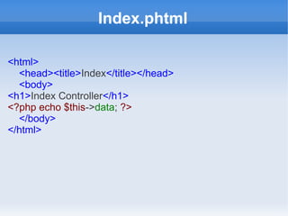 Index.phtml
<html>
<head><title>Index</title></head>
<body>
<h1>Index Controller</h1>
<?php echo $this->data; ?>
</body>
</html>

 