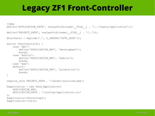 Ralf EggertRalf Eggert 4545 vonvon 6868
Legacy ZF1 Front-Controller
<?php
define('APPLICATION_PATH', realpath(dirname(__FILE__) . '/../legacy/application'));
define('PROJECT_PATH', realpath(dirname(__FILE__) . '/..'));
$hostParts = explode('.', $_SERVER['HTTP_HOST']);
switch ($hostParts[0]) {
case 'dev':
define('APPLICATION_ENV', 'development');
break;
case 'mobile':
define('APPLICATION_ENV', 'mobile');
break;
case 'www':
default:
define('APPLICATION_ENV', 'production');
break;
}
require_once PROJECT_PATH . '/vendor/autoload.php';
$application = new Zend_Application(
APPLICATION_ENV,
APPLICATION_PATH . '/configs/application.ini'
);
$application->bootstrap();
$application->run();
 