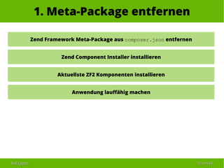 Ralf EggertRalf Eggert 5555 vonvon 6868
1. Meta-Package entfernen
Zend Framework Meta-Package aus composer.json entfernen
Zend Component Installer installieren
Aktuellste ZF2 Komponenten installieren
Anwendung lauffähig machen
 