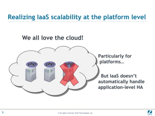 Realizing IaaS scalability at the platform levelWe all love the cloud!Particularly for  platforms…  But IaaS doesn’t automatically handle application-level HA