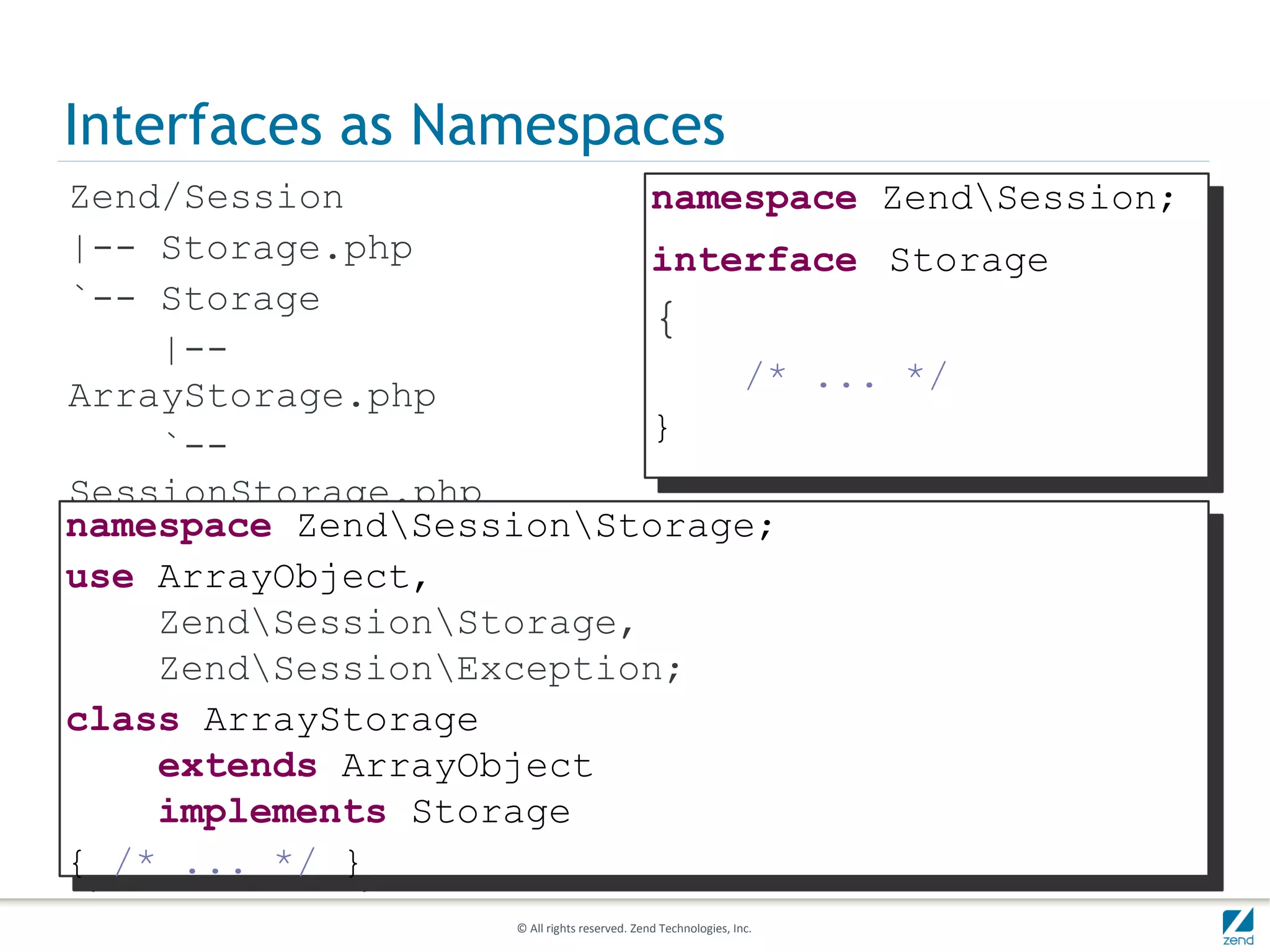 Interfaces as Namespaces
Zend/Session              namespace ZendSession;
|-- Storage.php           interface Storage
`-- Storage
                          {
    |--
                              /* ... */
ArrayStorage.php
                          }
    `--
SessionStorage.php
namespace ZendSessionStorage;
use ArrayObject,
    ZendSessionStorage,
    ZendSessionException;
class ArrayStorage
    extends ArrayObject
    implements Storage
{ /* ... */ }
                   © All rights reserved. Zend Technologies, Inc.
 