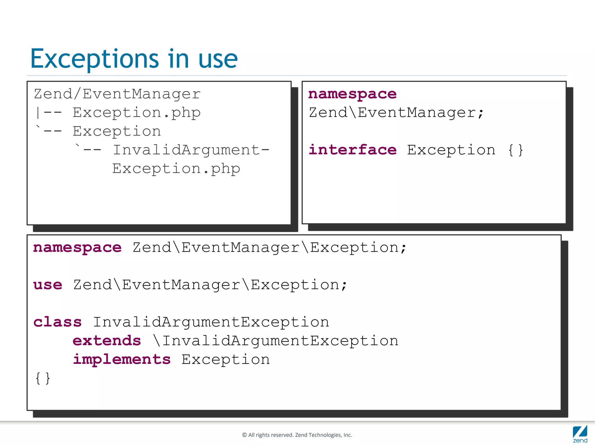 Exceptions in use
Zend/EventManager                               namespace
|-- Exception.php                               ZendEventManager;
`-- Exception
    `-- InvalidArgument-                        interface Exception {}
        Exception.php



namespace ZendEventManagerException;

use ZendEventManagerException;

class InvalidArgumentException
    extends InvalidArgumentException
    implements Exception
{}


                     © All rights reserved. Zend Technologies, Inc.
 